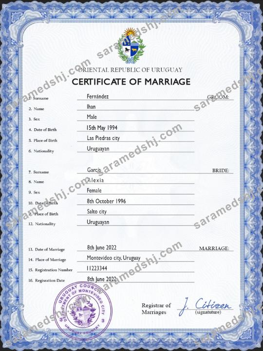 Uruguay marriage certificate PSD template